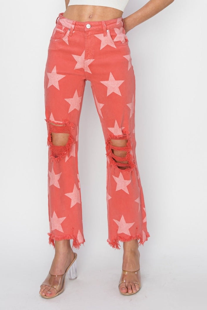 RISEN Full Size Distressed Raw Hem Star Pattern Jeans - Carbone's Marketplace