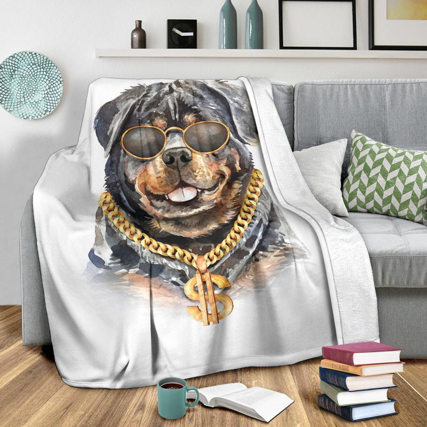 Rottweiler Watercolour Portrait Drawing Premium Blanket, Cool Rich Dog Cartoon - Carbone's Marketplace