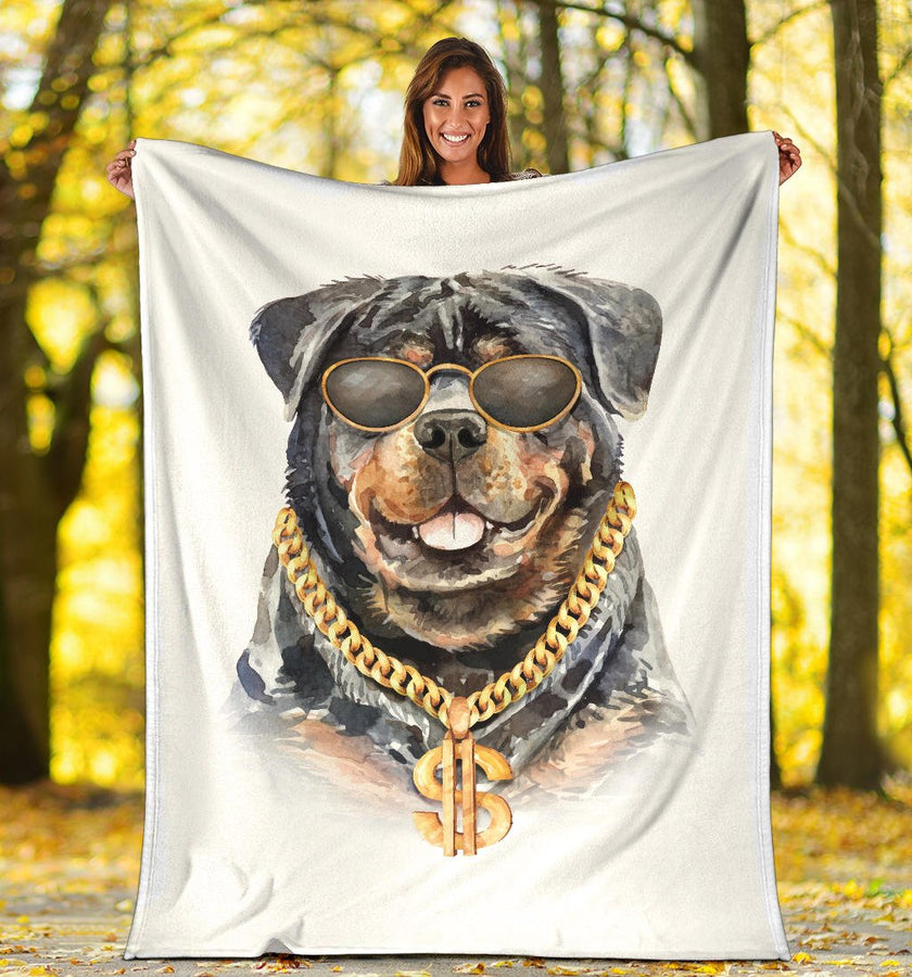 Rottweiler Watercolour Portrait Drawing Premium Blanket, Cool Rich Dog Cartoon - Carbone's Marketplace