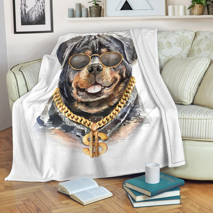 Rottweiler Watercolour Portrait Drawing Premium Blanket, Cool Rich Dog Cartoon - Carbone's Marketplace