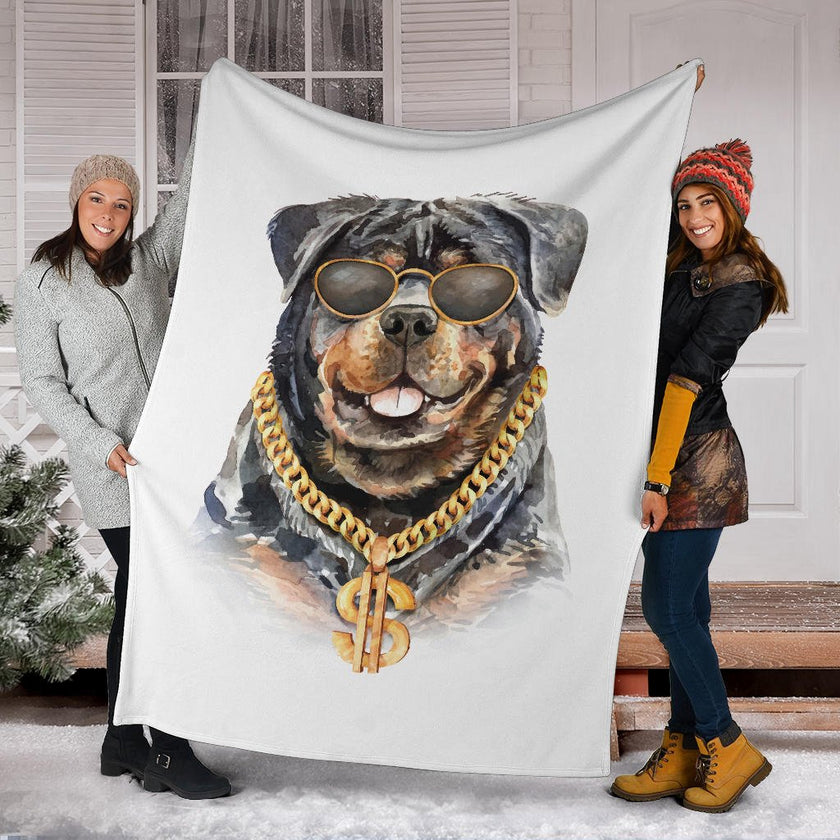 Rottweiler Watercolour Portrait Drawing Premium Blanket, Cool Rich Dog Cartoon - Carbone's Marketplace