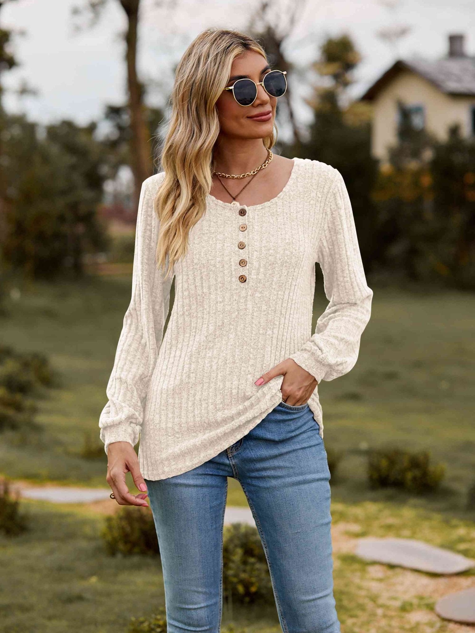 Round Neck Button - Down Long Sleeve Tee - Carbone's Marketplace