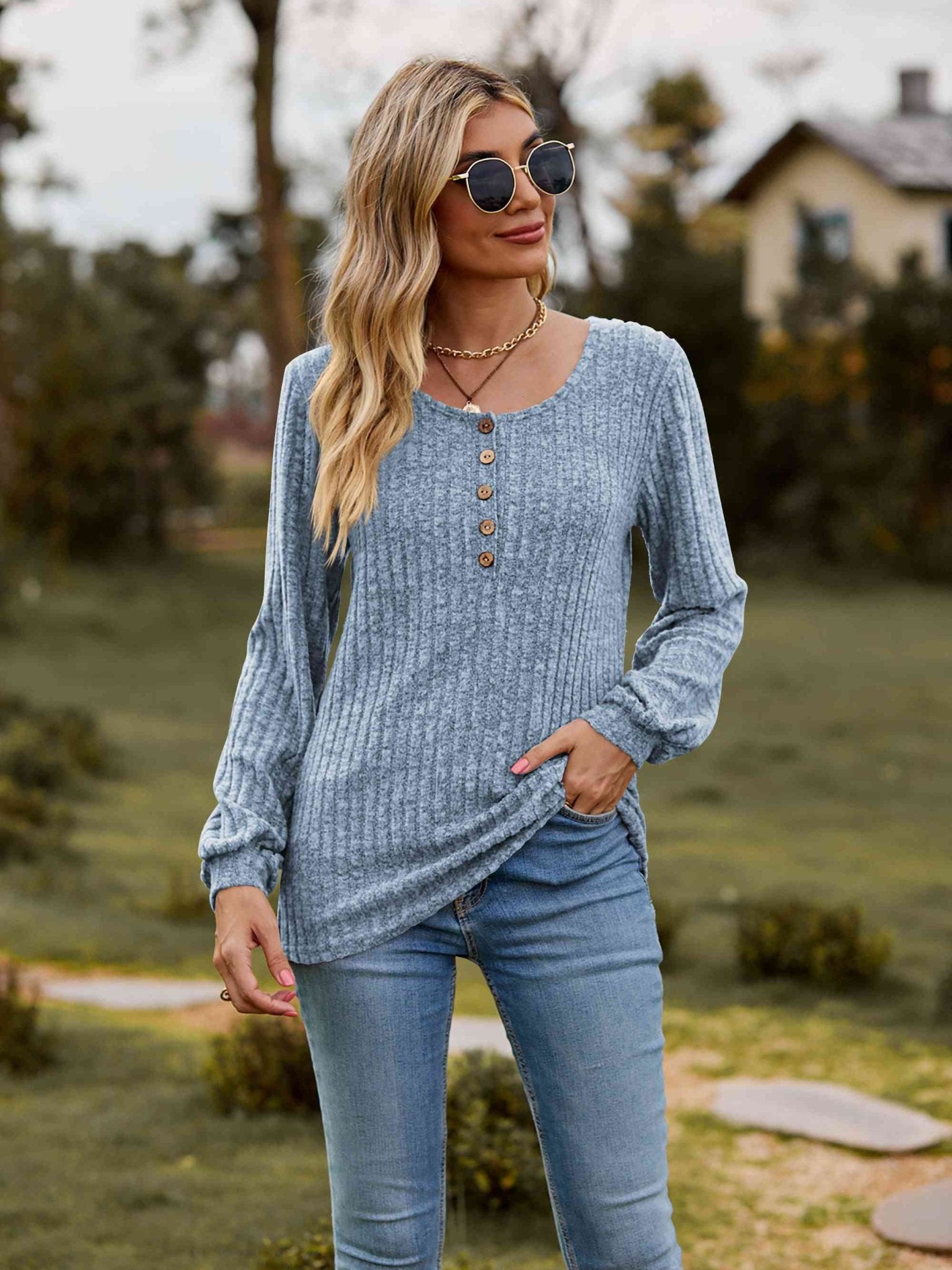 Round Neck Button - Down Long Sleeve Tee - Carbone's Marketplace