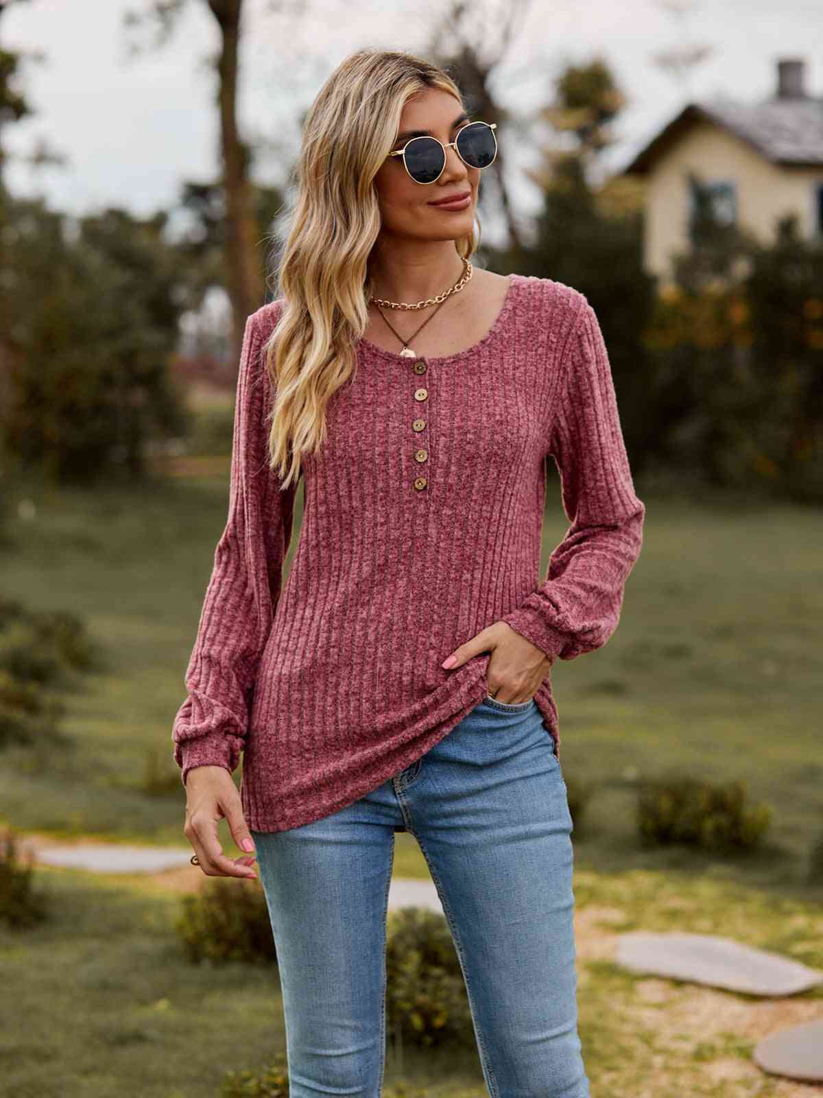 Round Neck Button - Down Long Sleeve Tee - Carbone's Marketplace