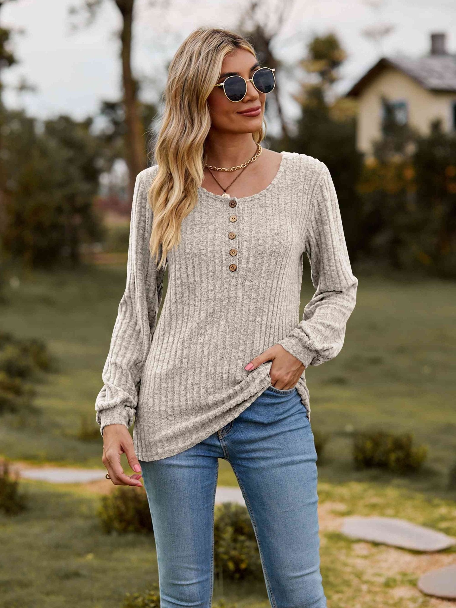 Round Neck Button - Down Long Sleeve Tee - Carbone's Marketplace