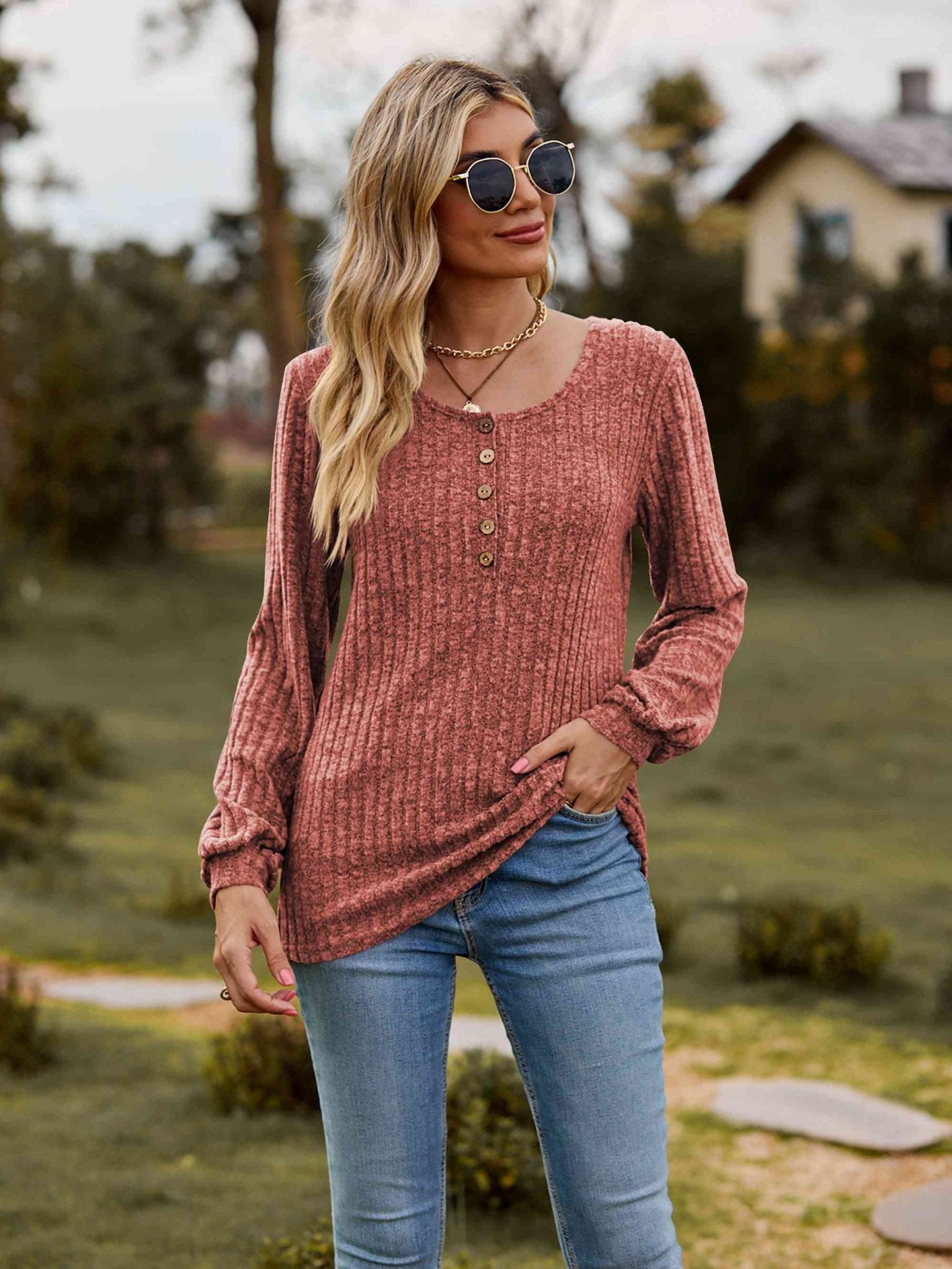 Round Neck Button - Down Long Sleeve Tee - Carbone's Marketplace