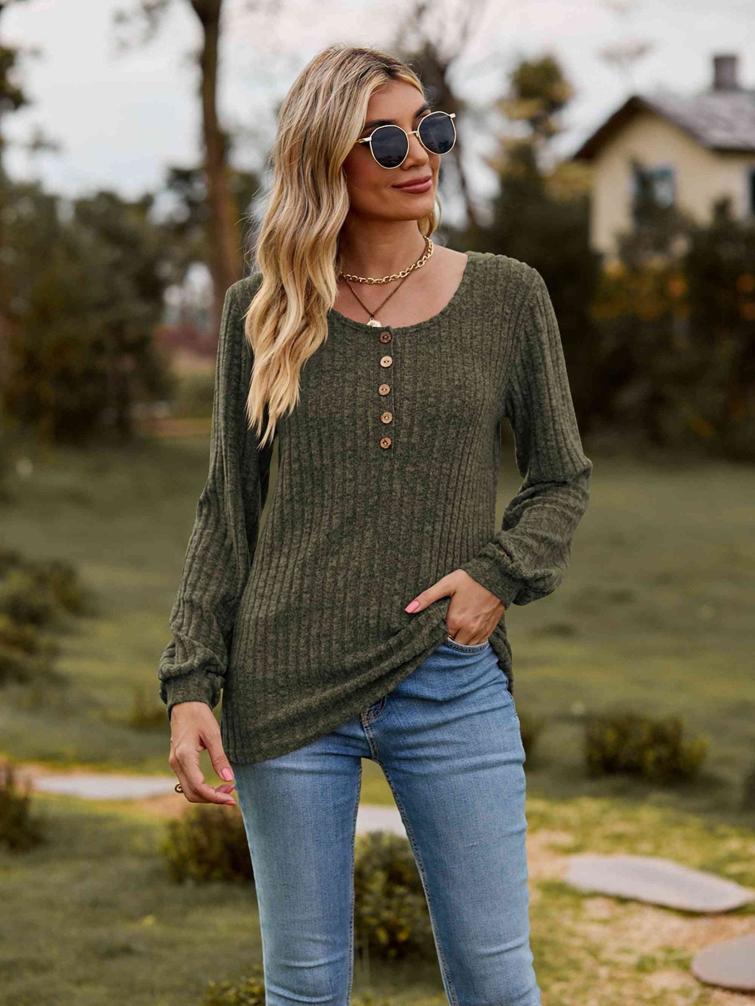Round Neck Button - Down Long Sleeve Tee - Carbone's Marketplace