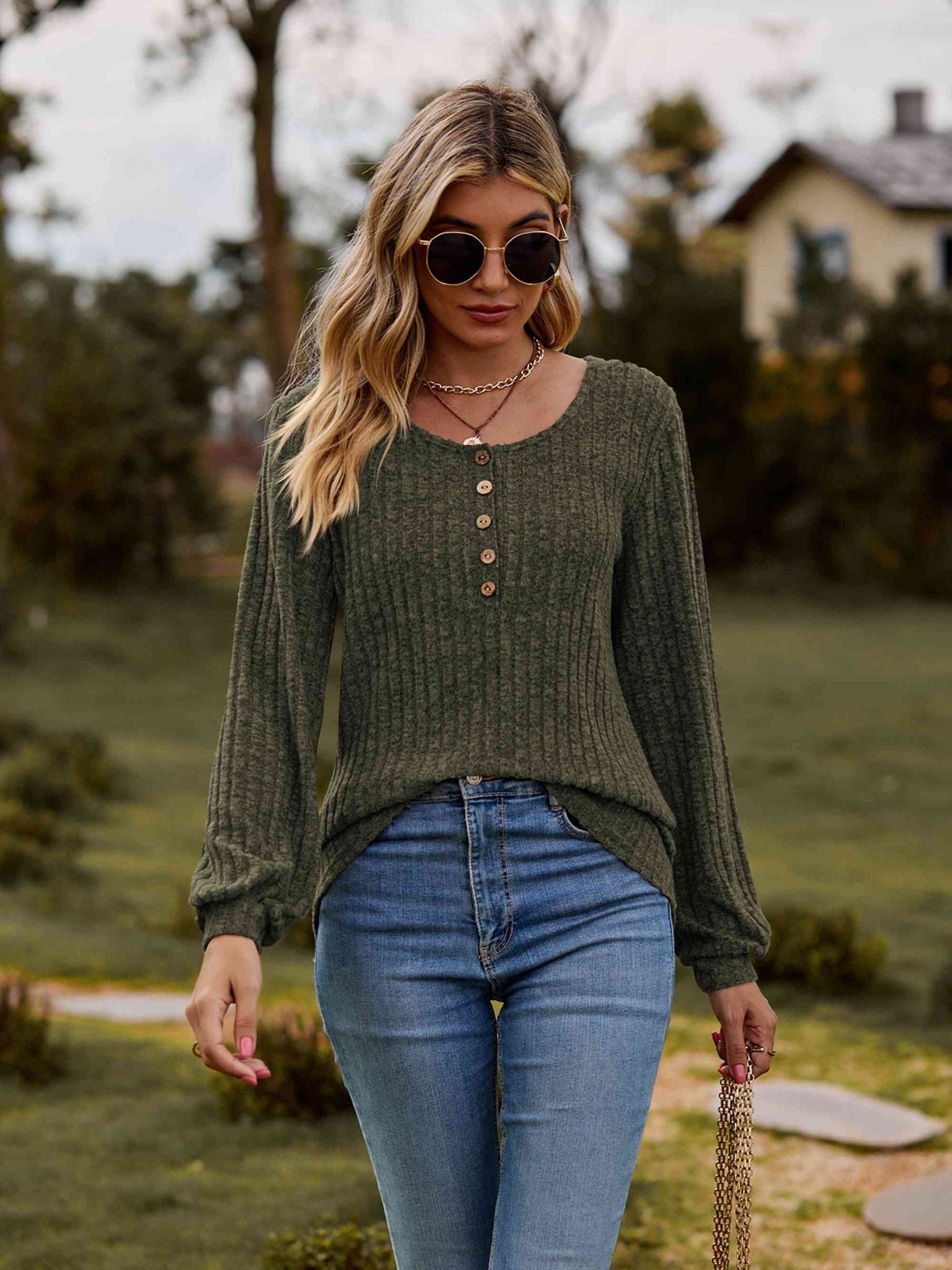 Round Neck Button - Down Long Sleeve Tee - Carbone's Marketplace
