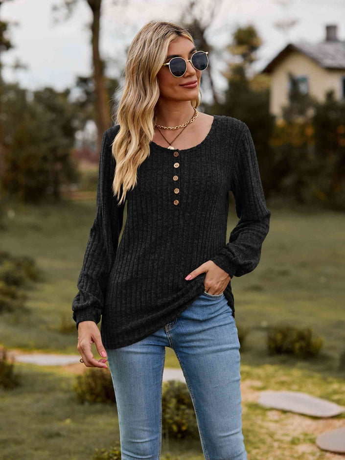 Round Neck Button - Down Long Sleeve Tee - Carbone's Marketplace