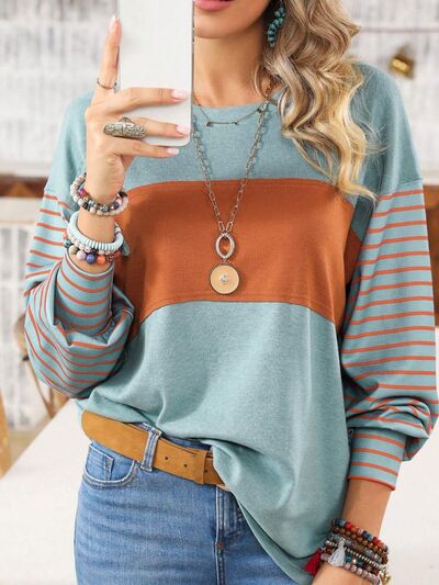 Round Neck Striped Long Sleeve Slit T-Shirt - Carbone's Marketplace