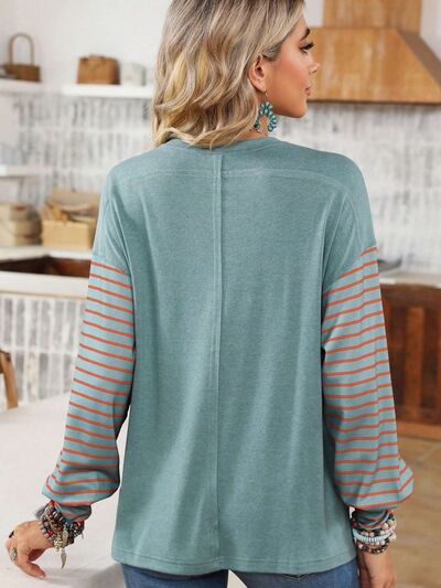 Round Neck Striped Long Sleeve Slit T-Shirt - Carbone's Marketplace