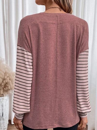 Round Neck Striped Long Sleeve Slit T-Shirt - Carbone's Marketplace