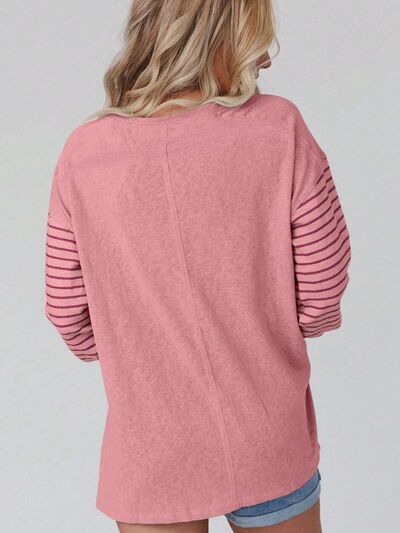 Round Neck Striped Long Sleeve Slit T-Shirt - Carbone's Marketplace