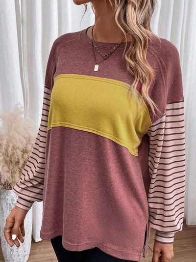 Round Neck Striped Long Sleeve Slit T-Shirt - Carbone's Marketplace