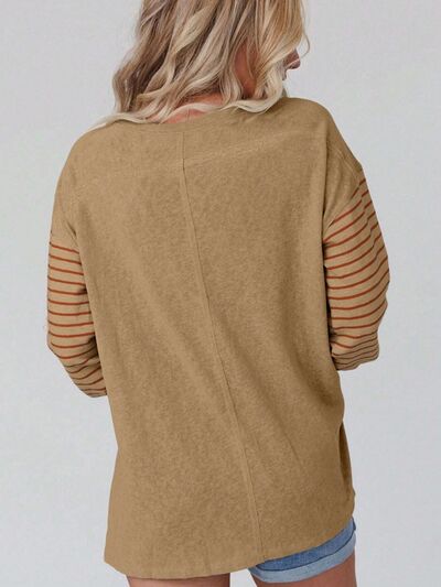 Round Neck Striped Long Sleeve Slit T-Shirt - Carbone's Marketplace