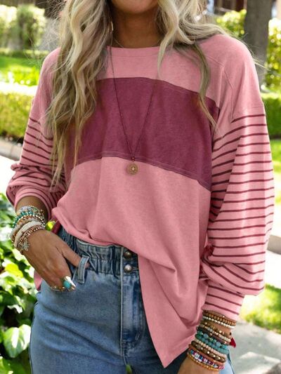 Round Neck Striped Long Sleeve Slit T-Shirt - Carbone's Marketplace