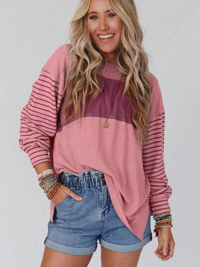 Round Neck Striped Long Sleeve Slit T-Shirt - Carbone's Marketplace