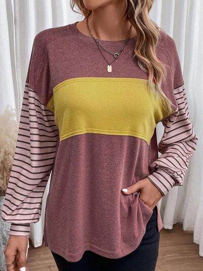 Round Neck Striped Long Sleeve Slit T-Shirt - Carbone's Marketplace