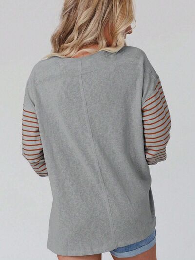 Round Neck Striped Long Sleeve Slit T-Shirt - Carbone's Marketplace