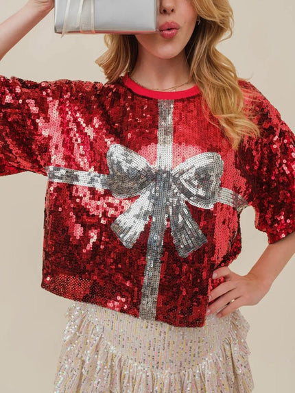 Sequin Bow Graphic Round Neck Half Sleeve T-Shirt - Carbone's Marketplace