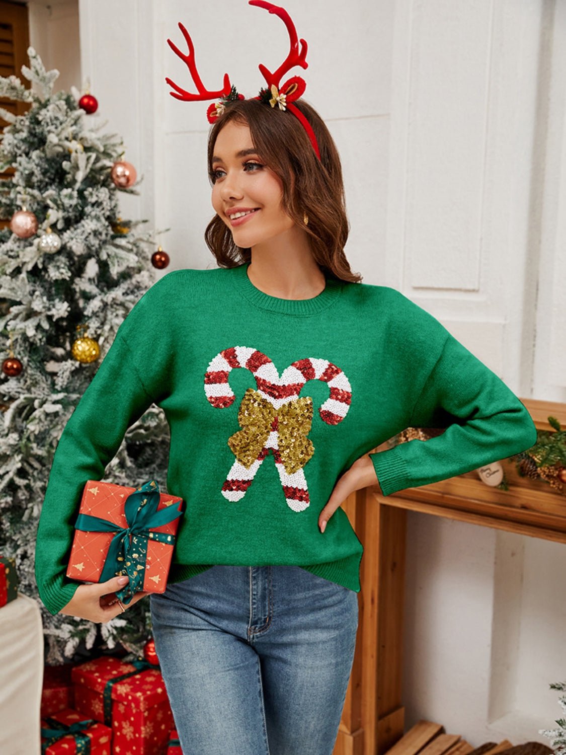 Sequin Candy Cane Round Neck Long Sleeve Sweater - Carbone's Marketplace