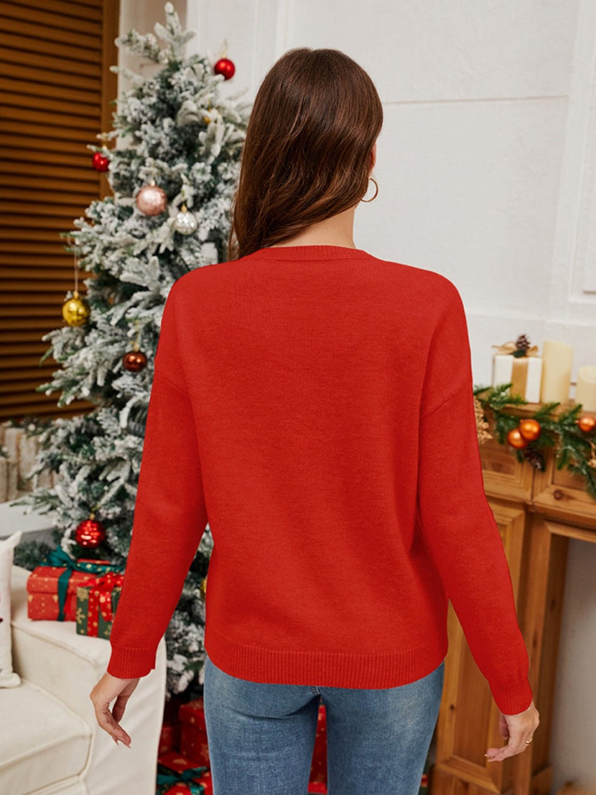 Sequin Candy Cane Round Neck Long Sleeve Sweater - Carbone's Marketplace