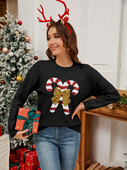 Sequin Candy Cane Round Neck Long Sleeve Sweater - Carbone's Marketplace