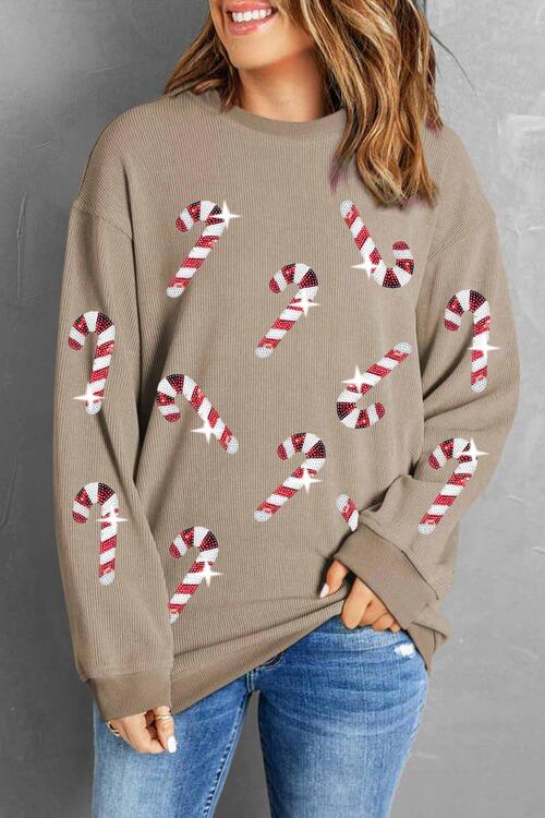 Sequin Candy Cane Round Neck Sweatshirt - Carbone's Marketplace