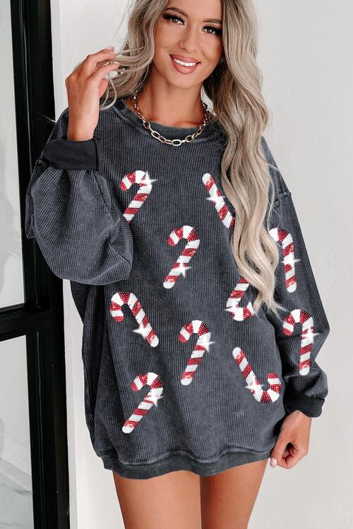 Sequin Candy Cane Round Neck Sweatshirt - Carbone's Marketplace