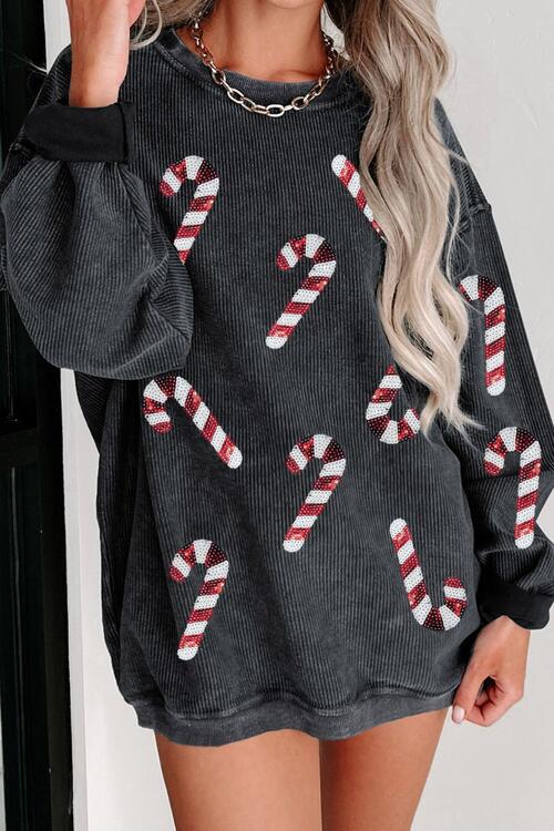 Sequin Candy Cane Round Neck Sweatshirt - Carbone's Marketplace