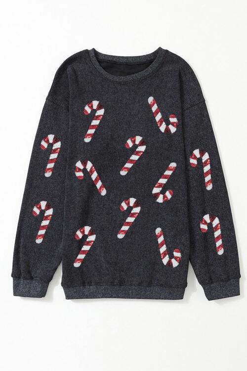 Sequin Candy Cane Round Neck Sweatshirt - Carbone's Marketplace