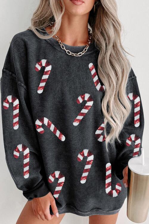 Sequin Candy Cane Round Neck Sweatshirt - Carbone's Marketplace