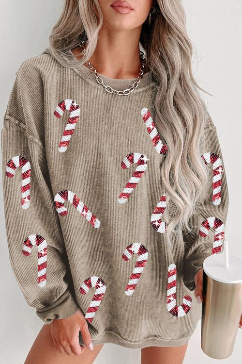 Sequin Candy Cane Round Neck Sweatshirt - Carbone's Marketplace