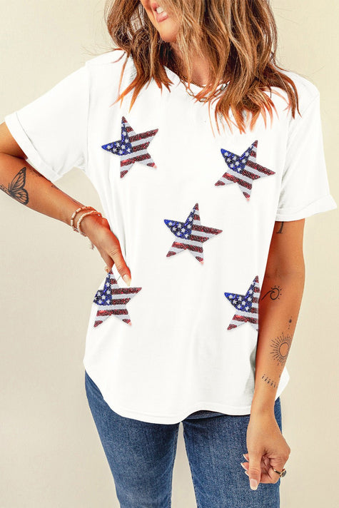 Sequin Star Round Neck Short Sleeve T-Shirt - Carbone's Marketplace