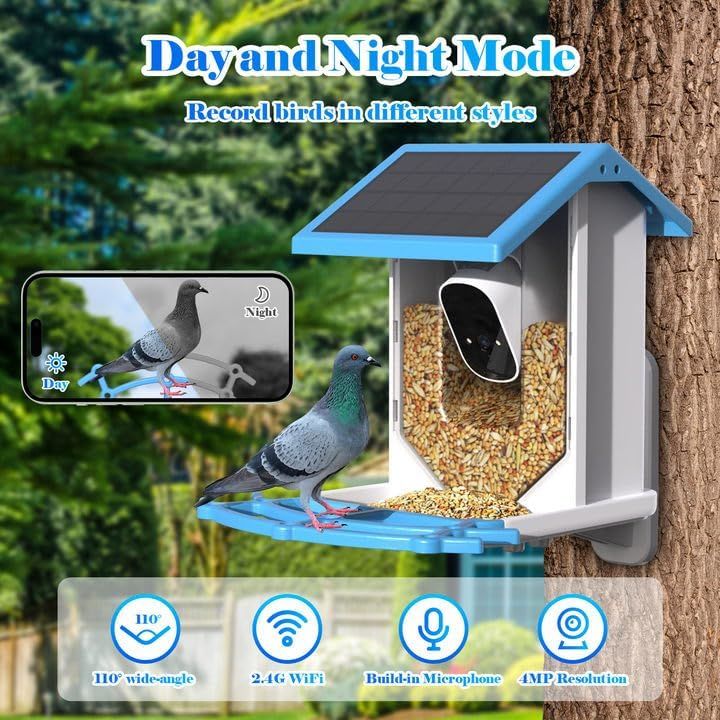 Smart Bird Feeder With Camera, Solar - Powered WiFi 4MP Live Camera, AI Identify Bird Species Auto Capture Garden Bird Watching & Motion Detection, Ideal Gift For Bird Lovers, Blue - Carbone's Marketplace