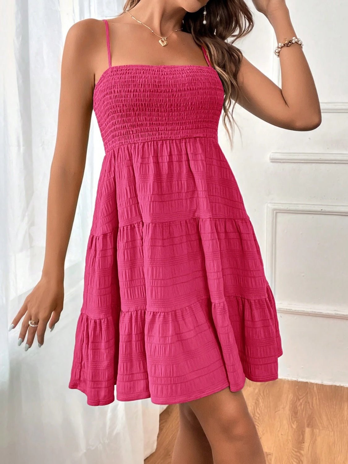 Smocked Tiered Sleeveless Mini Dress - Carbone's Marketplace