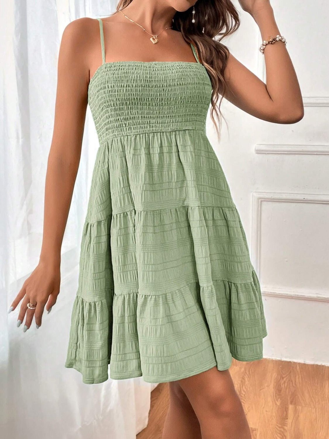 Smocked Tiered Sleeveless Mini Dress - Carbone's Marketplace