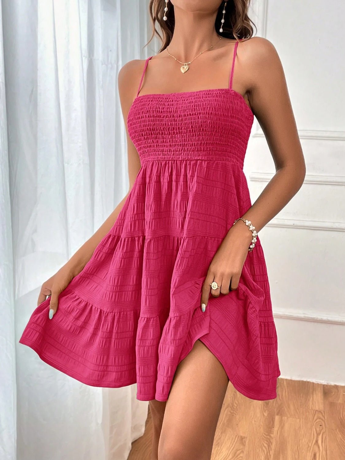 Smocked Tiered Sleeveless Mini Dress - Carbone's Marketplace
