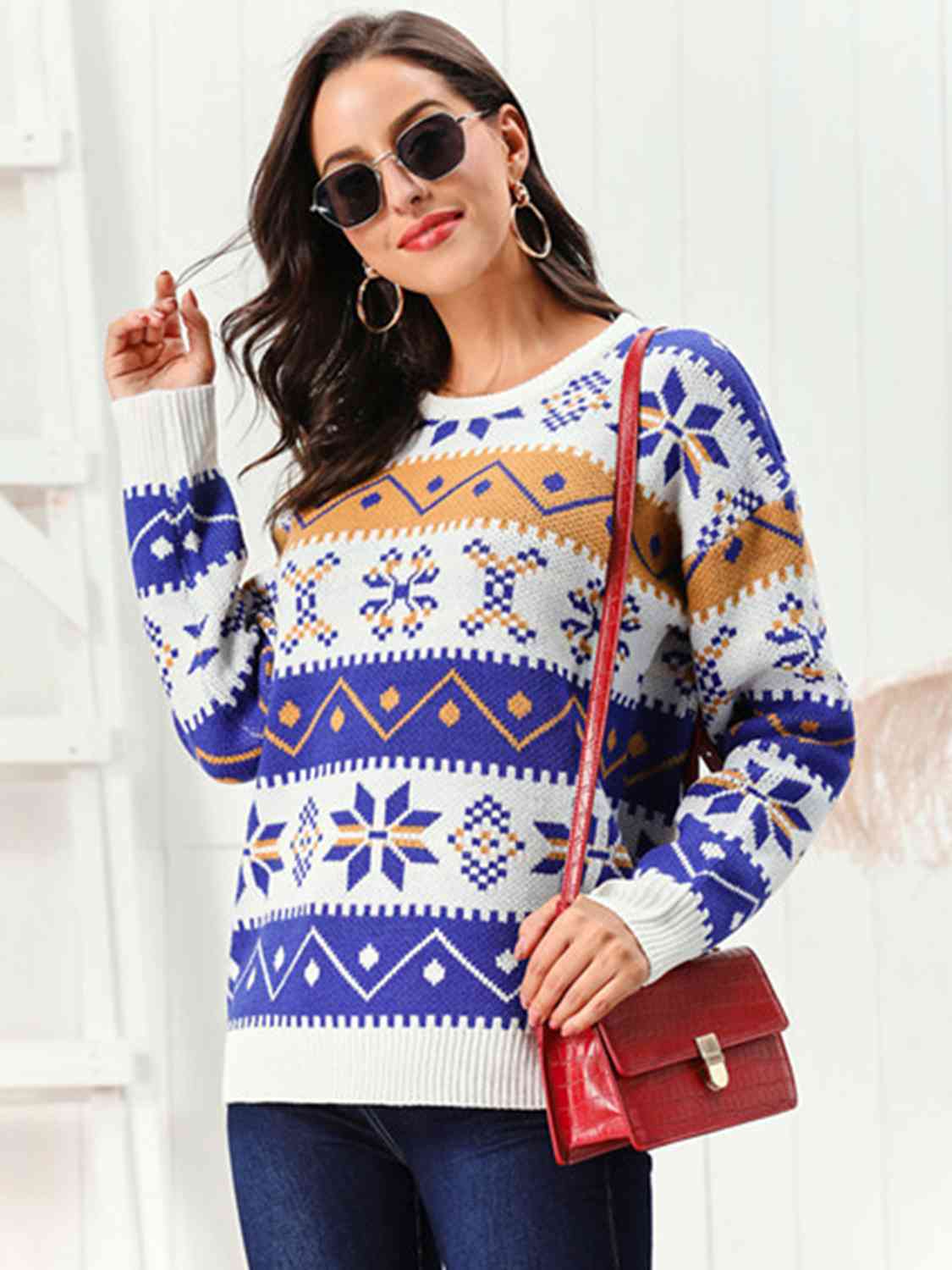 Snowflake Pattern Round Neck Sweater - Carbone's Marketplace