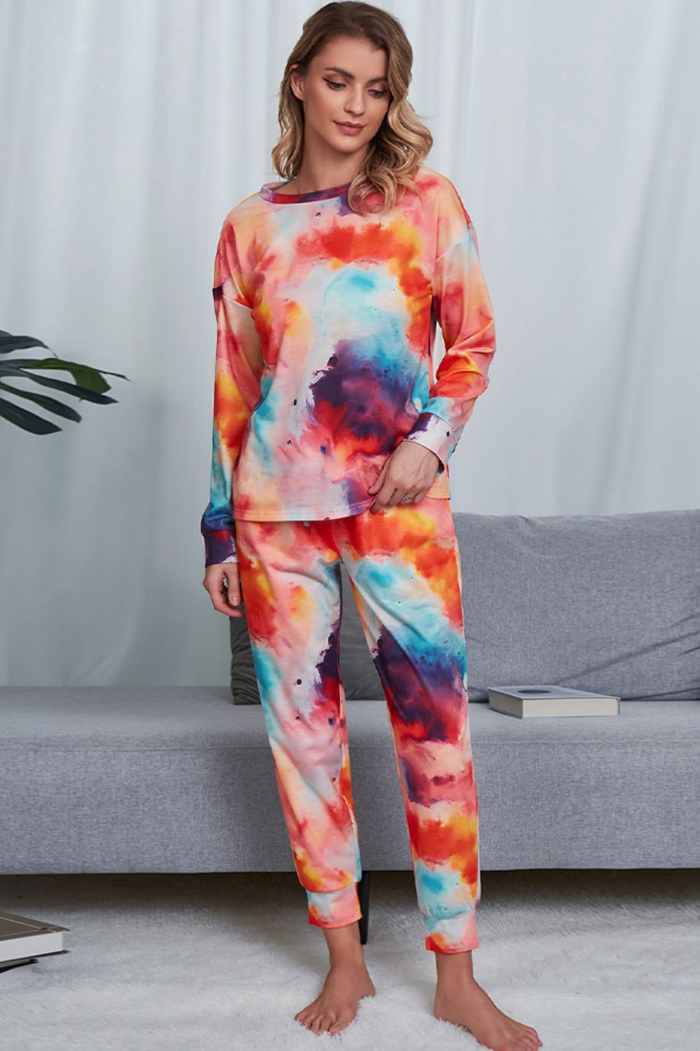 Tie - Dye Crewneck Top and Drawstring Waist Joggers Lounge Set - Carbone's Marketplace