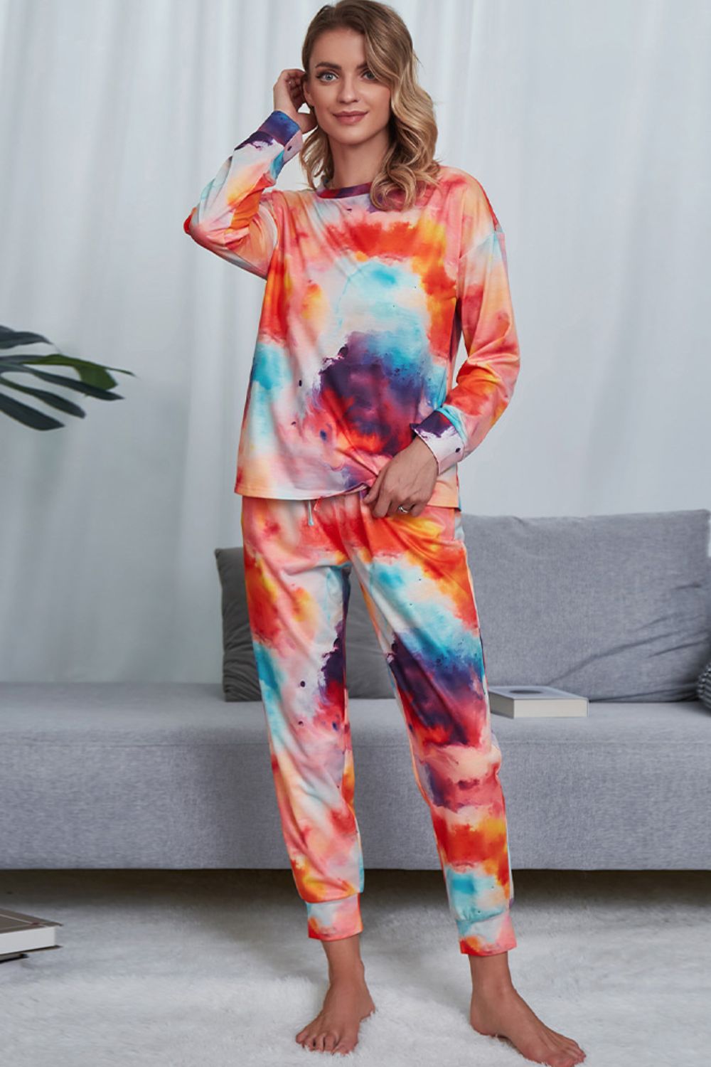 Tie - Dye Crewneck Top and Drawstring Waist Joggers Lounge Set - Carbone's Marketplace