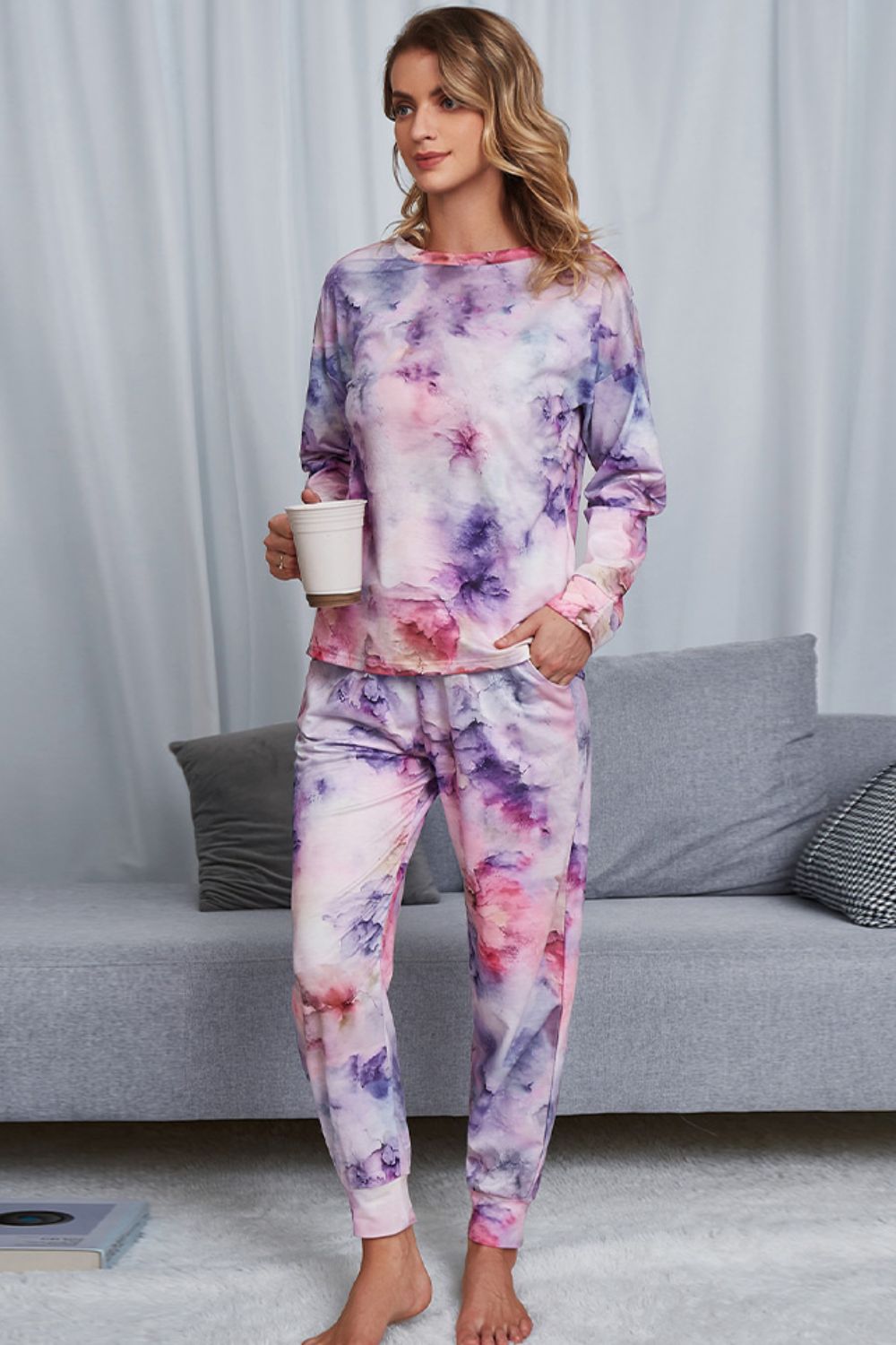 Tie - Dye Crewneck Top and Drawstring Waist Joggers Lounge Set - Carbone's Marketplace