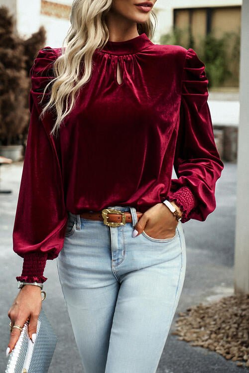 Tie Up Mock Neck Velvet Fabric Long Sleeve Blouse - Carbone's Marketplace