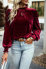 Tie Up Mock Neck Velvet Fabric Long Sleeve Blouse - Carbone's Marketplace