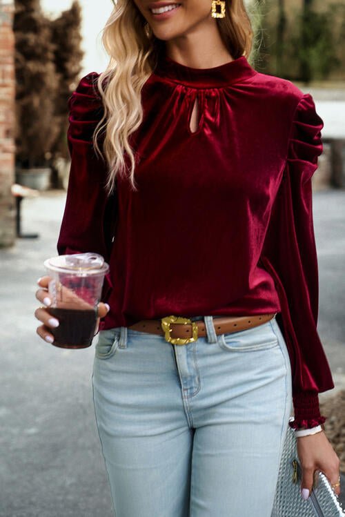 Tie Up Mock Neck Velvet Fabric Long Sleeve Blouse - Carbone's Marketplace