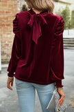 Tie Up Mock Neck Velvet Fabric Long Sleeve Blouse - Carbone's Marketplace