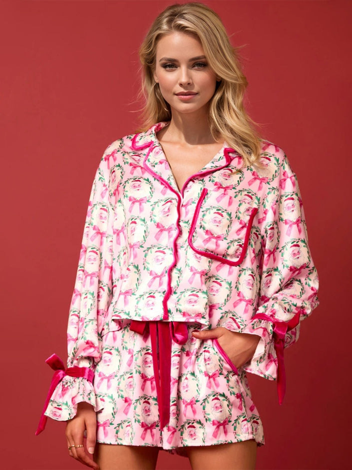 Tied Printed Collared Neck Long Sleeve Top and Shorts Set - Carbone's Marketplace