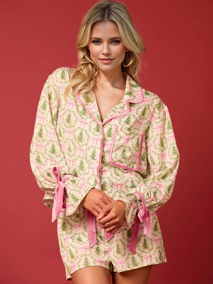 Tied Printed Collared Neck Long Sleeve Top and Shorts Set - Carbone's Marketplace