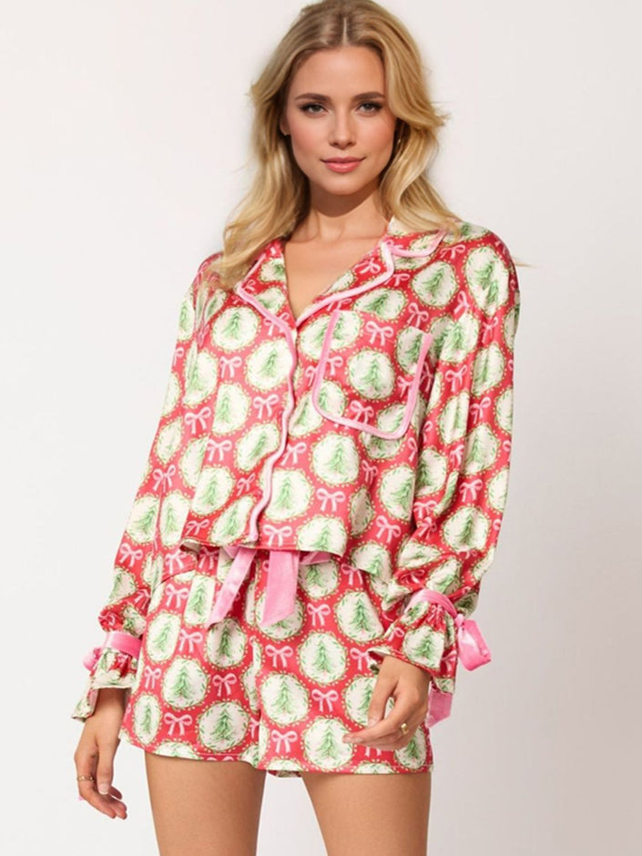 Tied Printed Collared Neck Long Sleeve Top and Shorts Set - Carbone's Marketplace