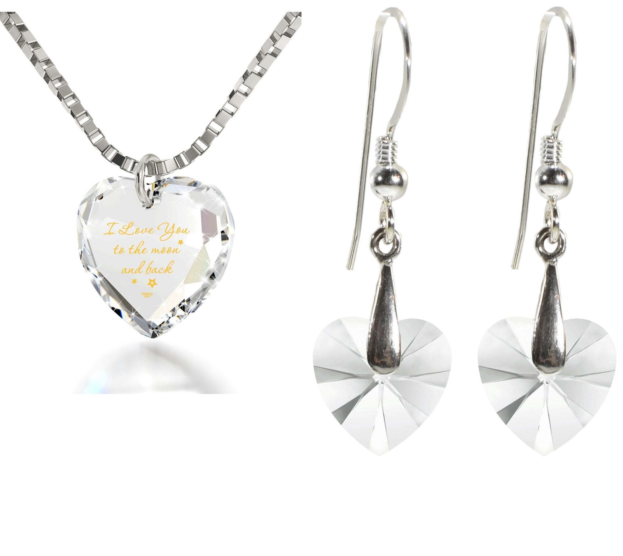 Tiny Heart Jewelry Set 24k Gold Inscribed I Love You to the Moon and Back Necklace and Drop Earrings - Carbone's Marketplace